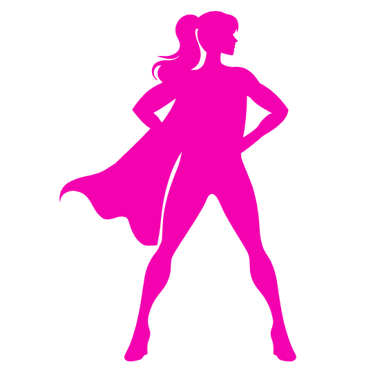bright pink icon of a super hero woman wearing a cape with a pony tail looking strong.