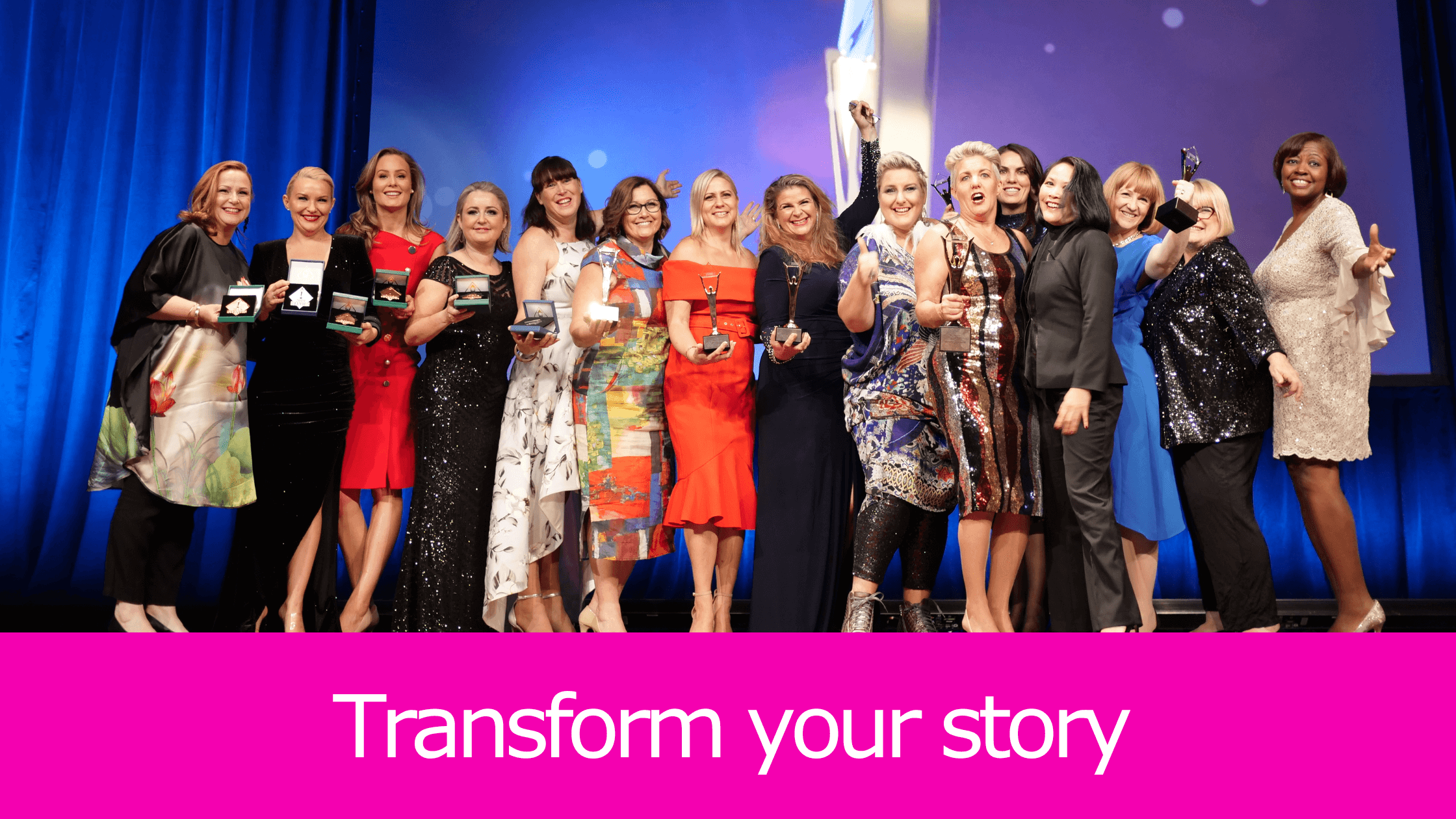 fifteen women standing on a stage in all different coloured dresses front different backgrounds are holding up trophies or medals.